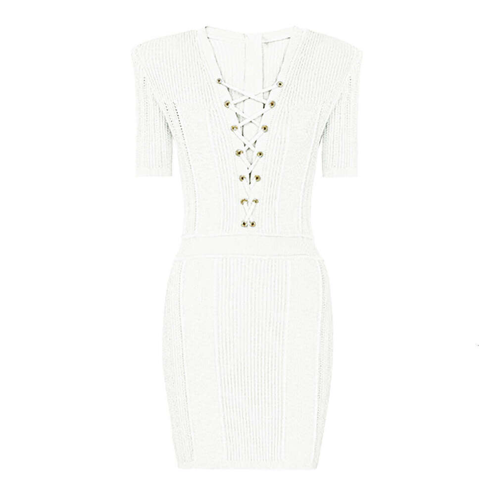 Summer new r27 European and r27 American internet celebrity socialite V-neck drawstring slim fit short sleeved knitted dress