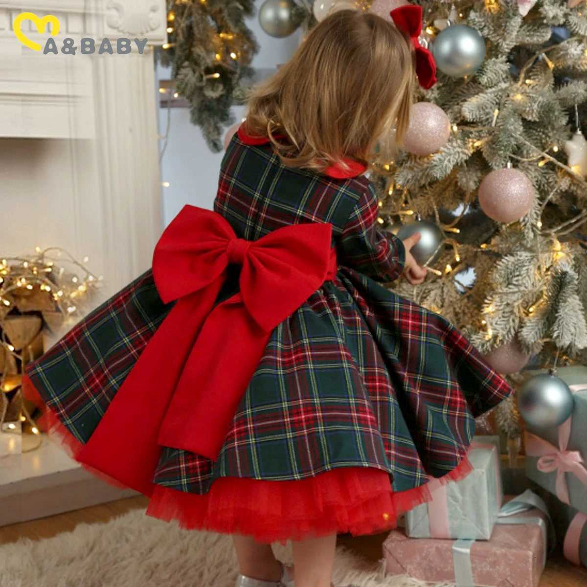 MaBaby 1-7Y Christmas Girls Red Dress Kid Toddler Girl Plaid Bow Tulle Tutu Party Dresses Children New Year Xmas Costumes D01T260330