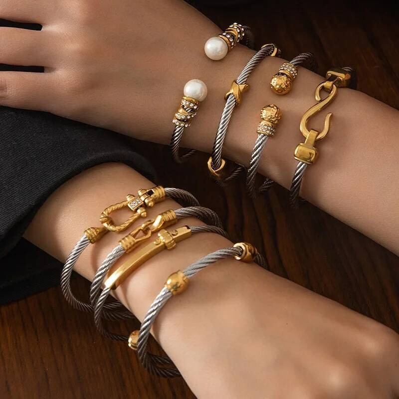 Stainless 1 Pcs Gold Plated Trendy Retro Hip Hop Style Bracelet Fried Dough Twists Steel Wire Rope Colorfast Bangle