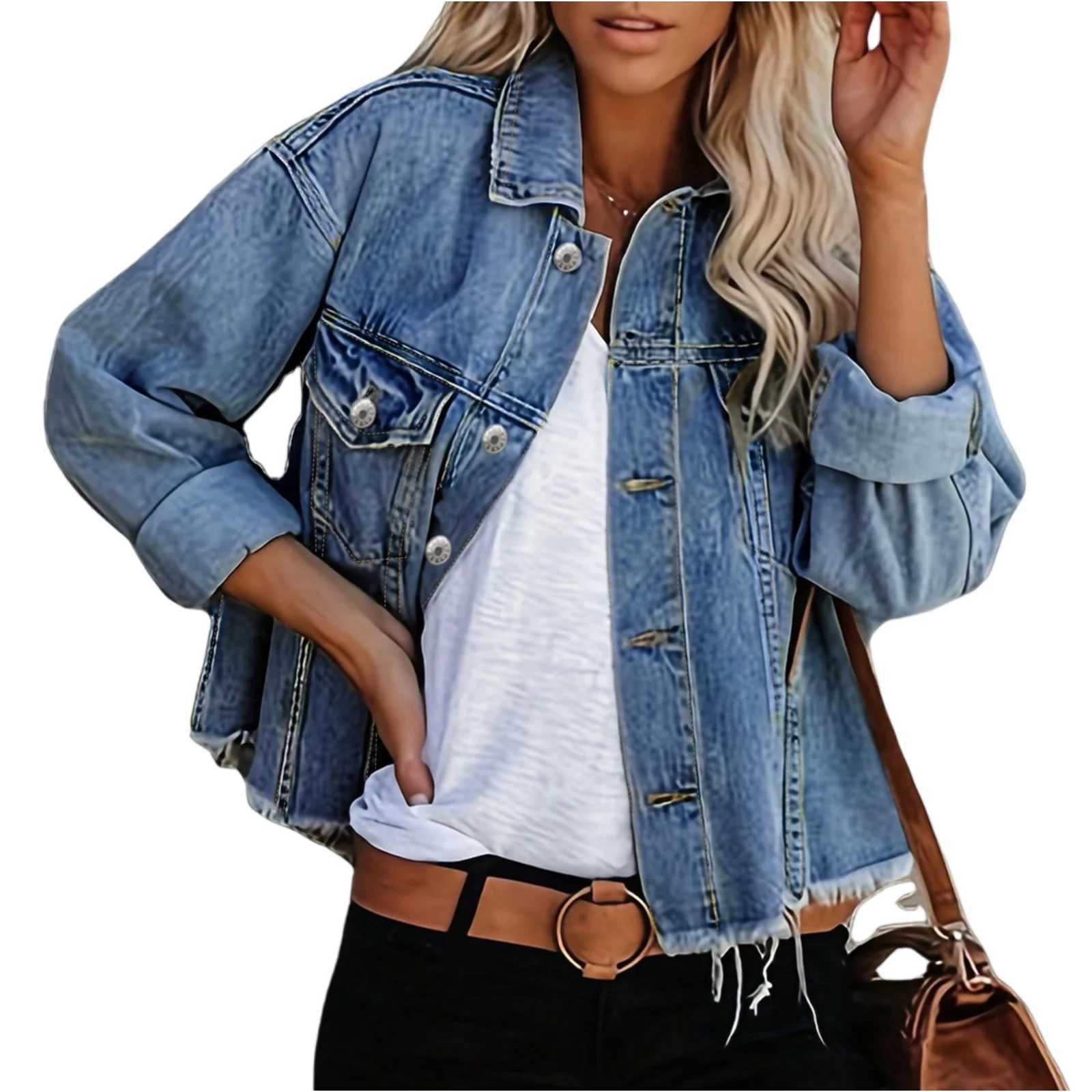 Denim Coat Women Distressed Turn Down Collar Cardigan Jackets Single Breasted Casual Basics Pockets Button Spliced SolidT260328