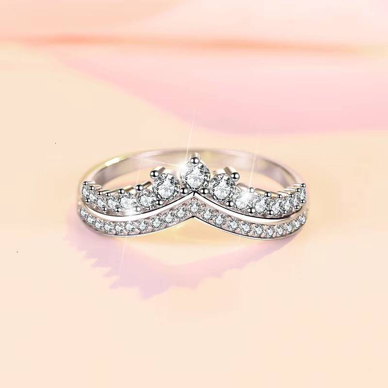 S925 Sterling Silver Rhodium White Gold Setting Princess Crown Ring Womens Stacked Factory Wholesale Cross-Border Hot Sale