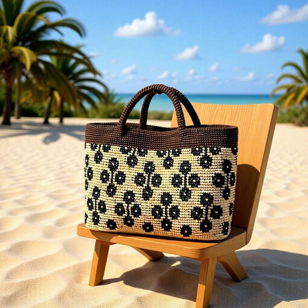 Totebag Shoulder ROSE NOIRE French Style Raffia Hand Crocheted Floral Tote For Women Summer Seaside Vacation Handbag Color Blocked Large Capacity Beac