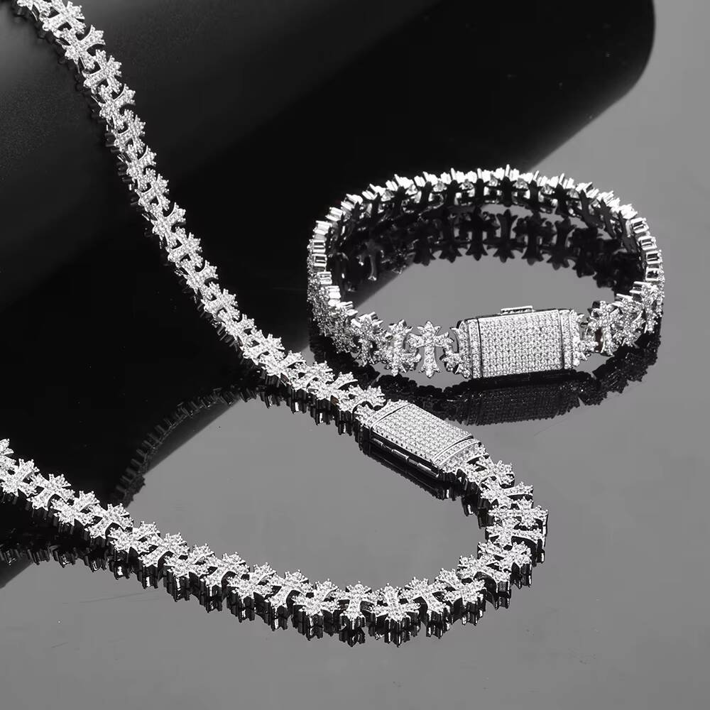 NUOYA 11MM Brass Iced Out Bling Cross Design Bracelet Silver Plated Link Chain Fine Jewelry Gift for Women