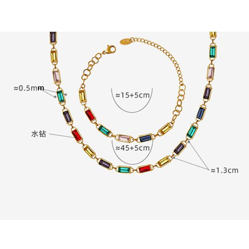 Colorful Rectangle Rhinestone Spliced Necklace Non-fading Bracelet 18k Gold Stainless Steel Multi-color Stones Luxury Designer Simple Unique Jewelry S