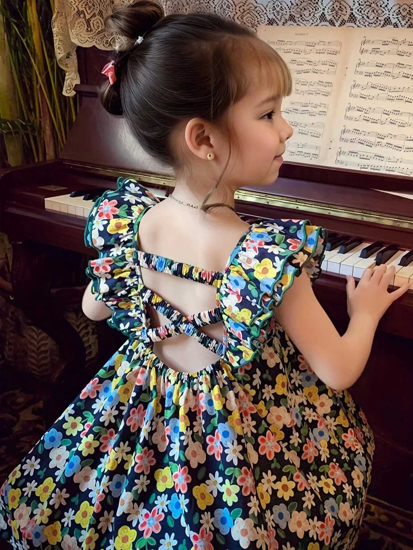 Girls mid length dress with ruffle sleeves cool summer style suitable for parties and casual wear A-line cut girls dressT260330