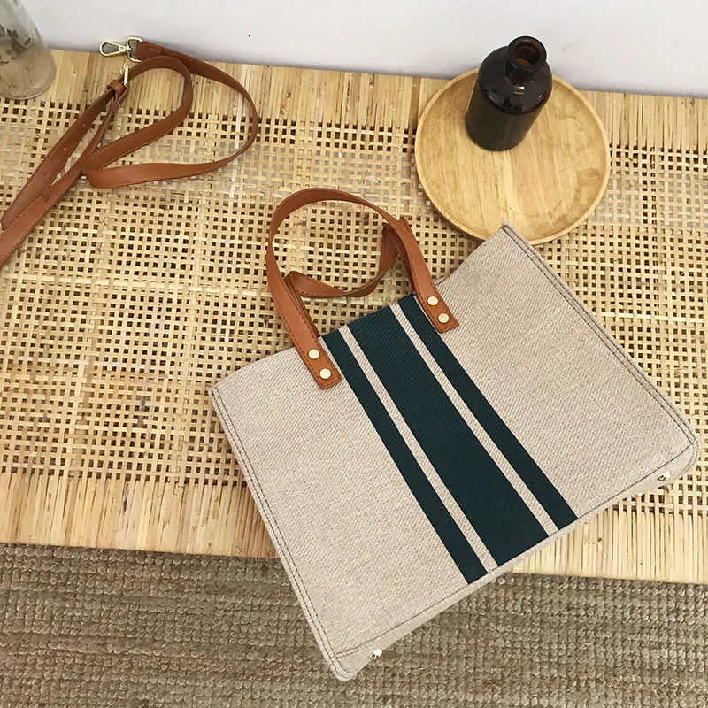 Simple Canvas Stripe Decor Bucket Handbags Women Top Handle Tote Bag Large Capacity Casual Shoulder Crossbody Bags260316