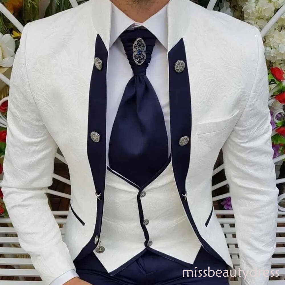 Print White and Blue Wedding Tuxedos 3 Pieces Slim Fit Mens Suit for Special Occasion Contrast Color Business Prom Wear ZD10
