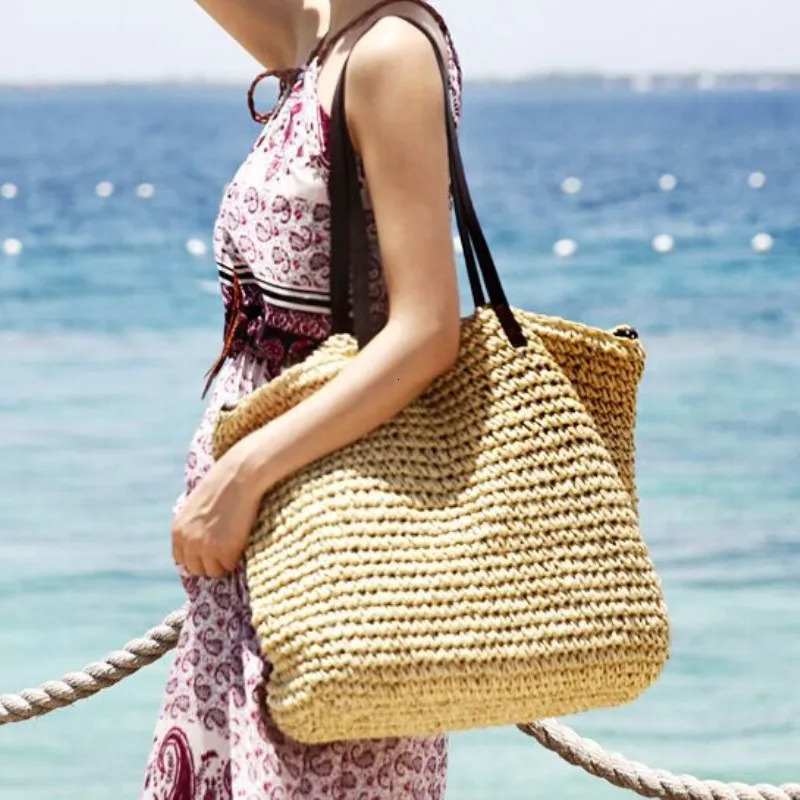 Women Handbag Summer Beach Bag Rattan Woven Handmade Knitted Straw Large Capacity Leather Women Shoulder Bag Bohemia 260316