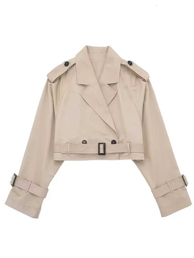 HH 2025 Women Belt Cropped Trench Spring Jacket Vintage Streetwear Double Breasted Long Sleeve Top Female Coat OutfitsT260328