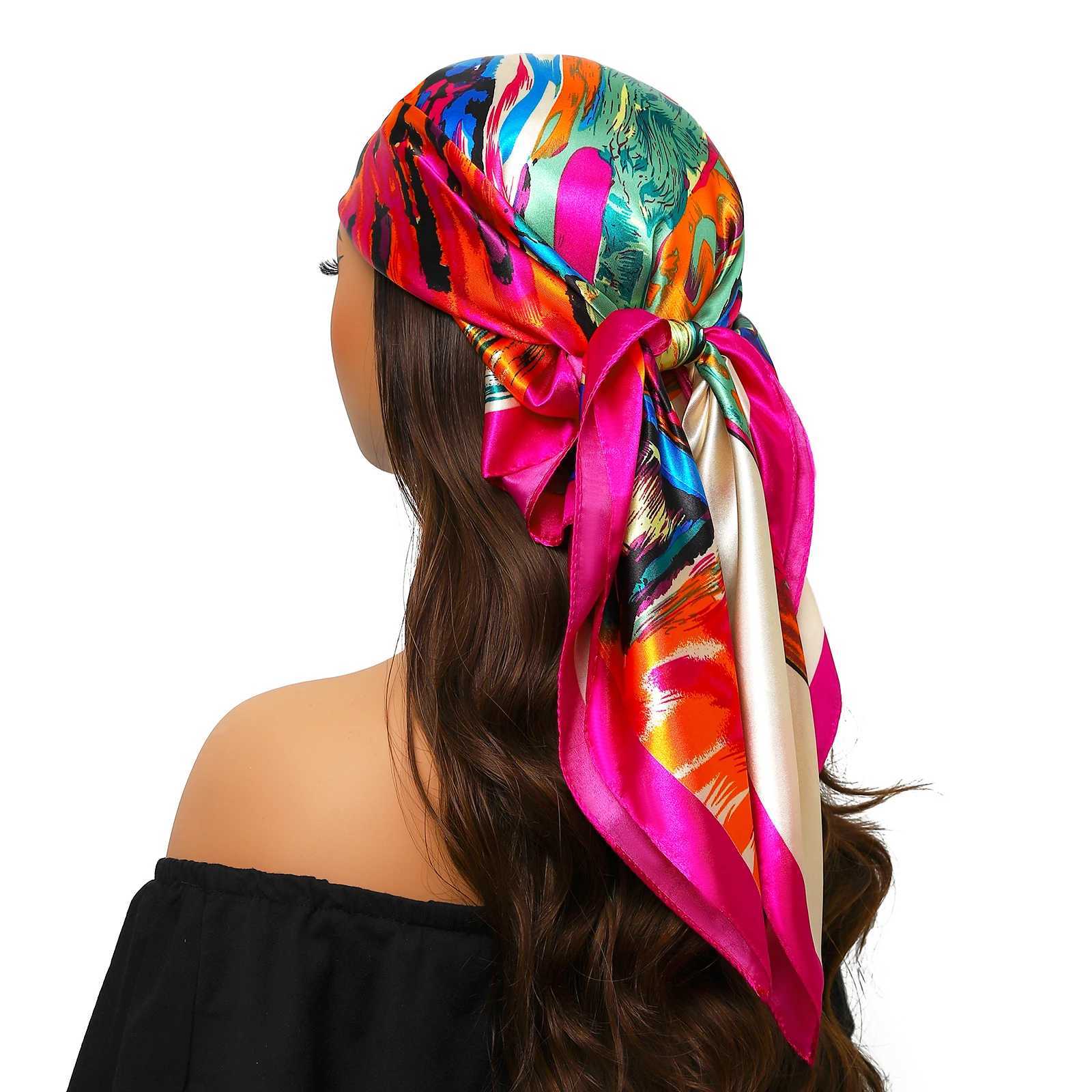9090cm Silk Scarves Women Print Foulard Satin Square Head Hijab Ladies Luxury Brand Shawl Bandanna Female Muffler chiffen wrap Z260330