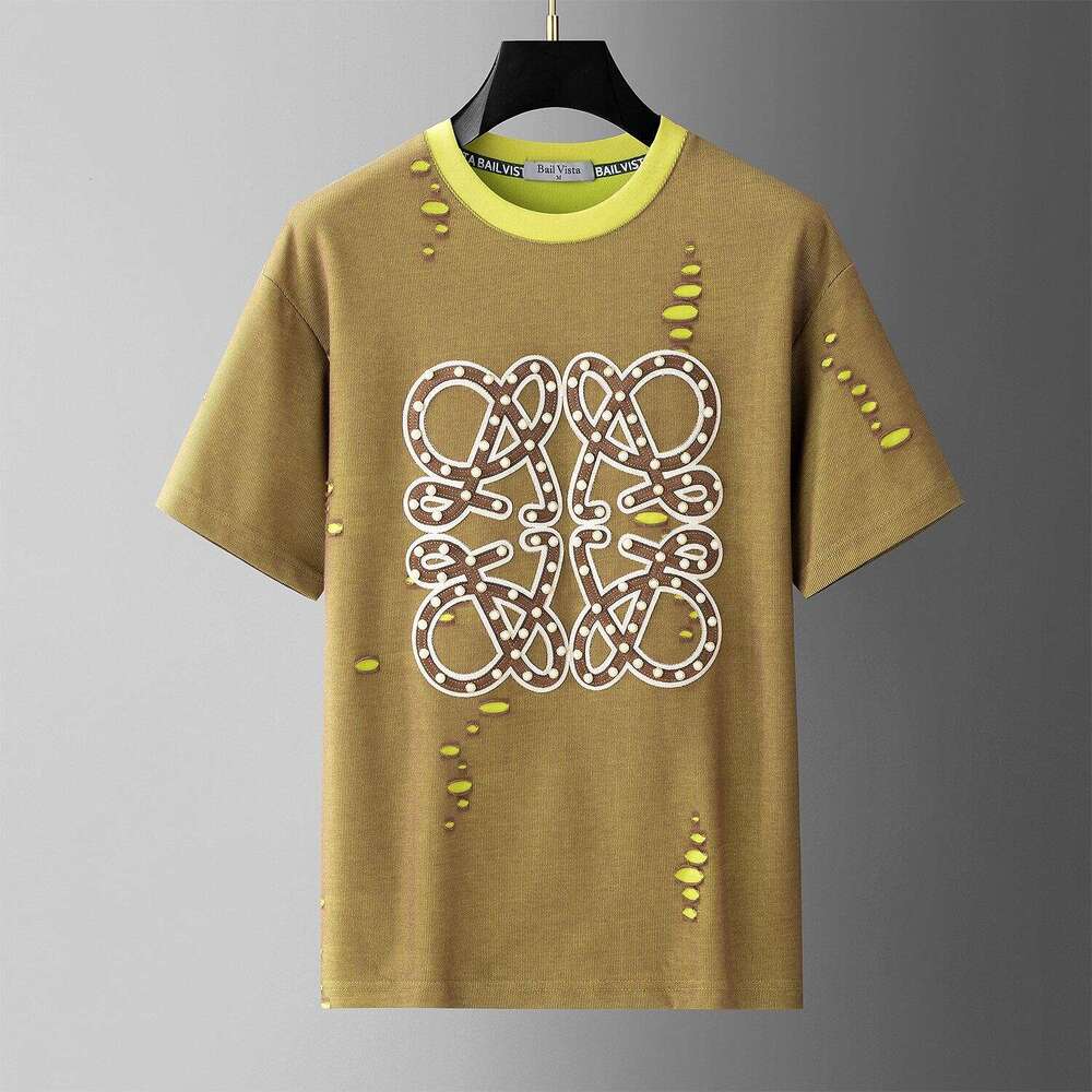European fashion design ripped short-sleeve luxury new summer trendy embroidered T-shirt men's half-sleeve tee