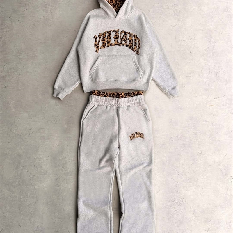 Tracksuit Men Clothing Y2K Vintage Embroidered Leopard Print Street Casual Hoodie Trendy Double Waist Unisex Sweatpants 260327