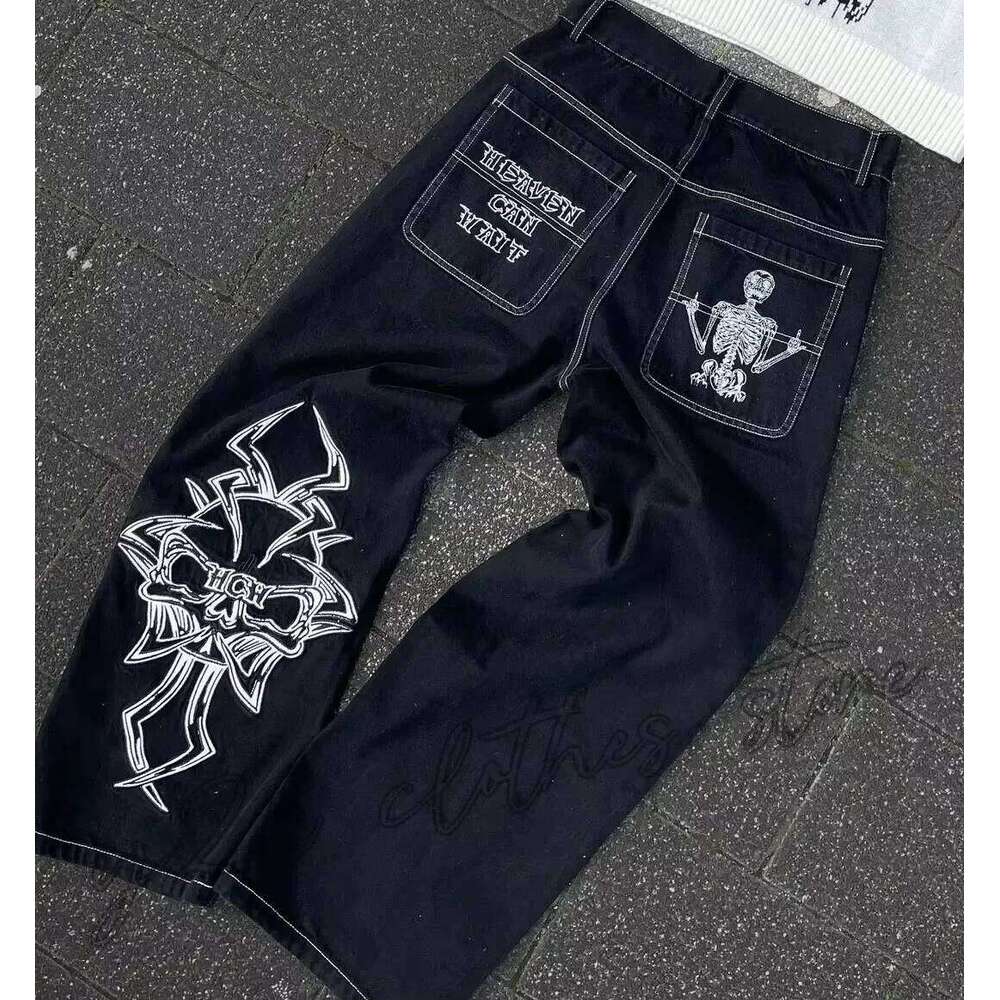 Y2K Jeans Mens Hip Hop Retro Skull Embroidery Washed Baggy Denim Pants New Straight Casual Loose Wide Leg Trouser Streetwear 26Y0330