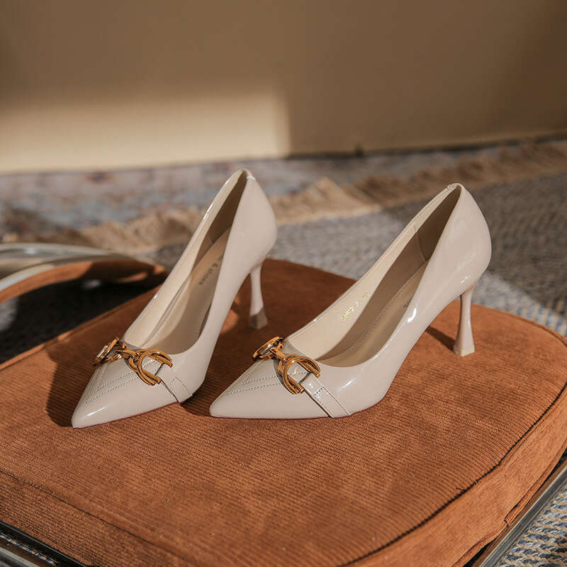 2026 Style Commuter Heel Single For Women Elegant Patent Leather High Heels With Metal Horse Street Buckle Pointed Toe Stiletto Women S Shoes
