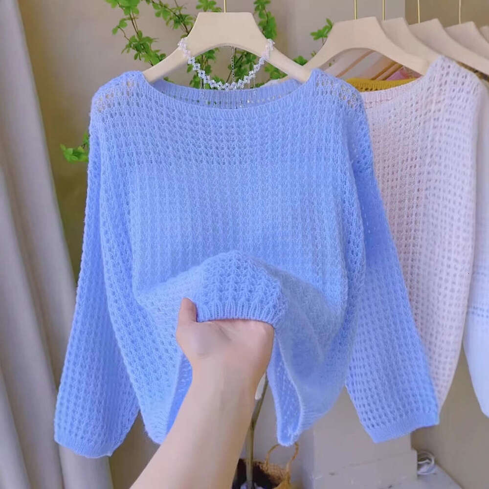 Summer New Gentle Sweet Pink Hollow Knit Top Women Off-Shoulder Long Sleeve Thin Shawl Cover-Up