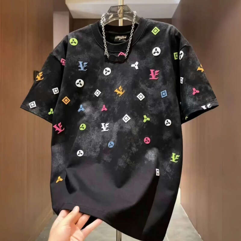 Summer New Trendy Brand Tie-Dye Print Round Neck Short T-Shirt Men's Fashion Versatile Casual Half Sleeve Top European Style