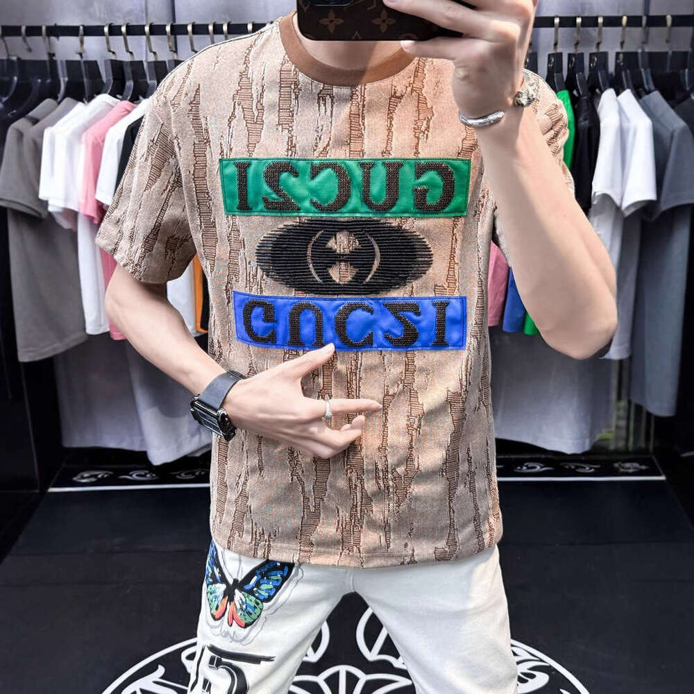 European men's high-end ripped patchwork embroidered round-neck short-sleeve T-shirt, luxury new summer American style half-sleeve