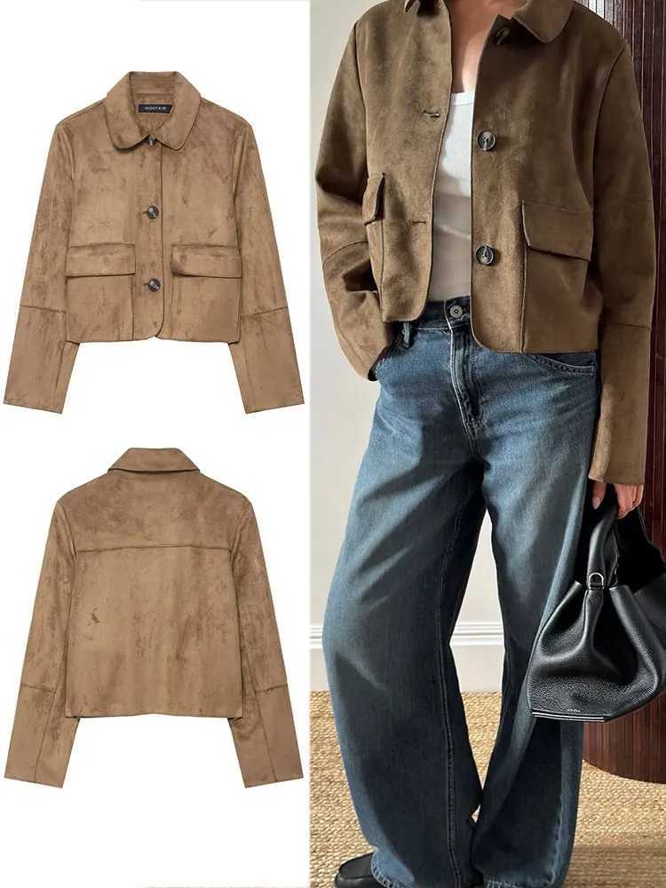 HH Women Vintage Solid Suede Coat Lapel Single Breasted Long Sleeve Jacket With Pockets Autumn Casual Outwear Short JacketsT260328