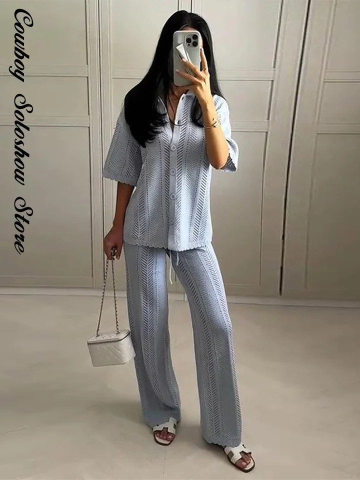 Vintage Knitted Baggy Pants Set Women Brown Half Sleeve Lapel Single Breasted Tops Straight Trousers Summer Solid Lady Suit 260326