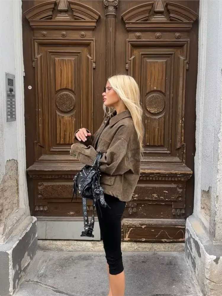 NERHEFZ Casual Womens Suede Bomber Jackets Loose Lapel Zipper Long Sleeve Pockets Female Coats 2025 Autumn Lady Commute OutwearT260328