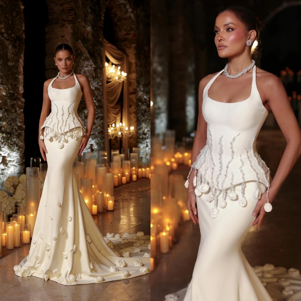 Designer Mermaid Wedding Dresses Halter Neck Sleeveless Bridal Gown Pearls Backless Sweep Train Dress Custom Made