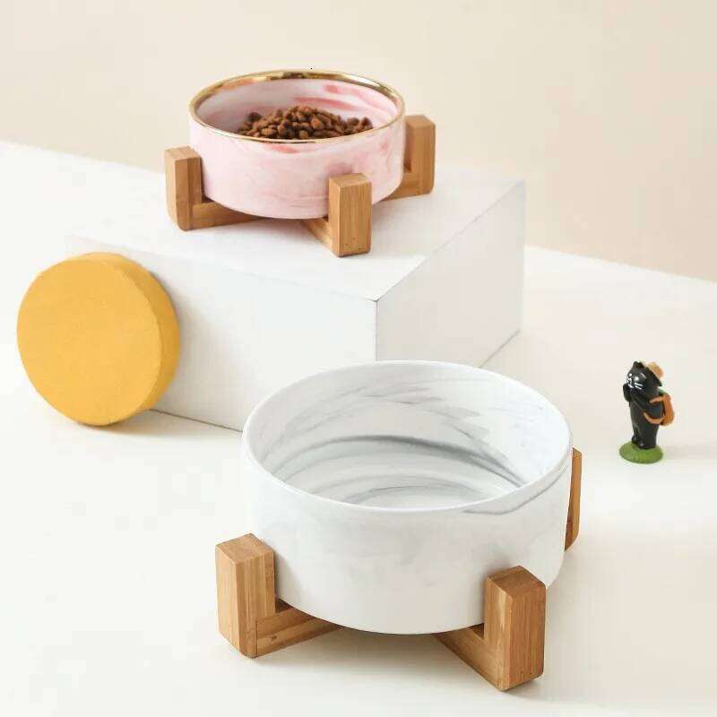 Marble-Patterned Pet with Wooden Frame Gold Edge Fashionable Creative Water Food Bowl for Dogs and Cats 26W0330