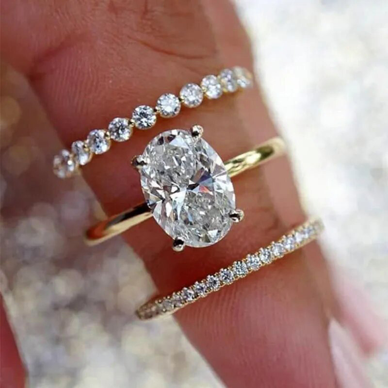 Choucong 18K White Gold Fill 3PCS Oval 5A Zircon CZ Dimaond Ring Set Solitaire Engagement Ring Stackable Eternity Bands Bridal Jewelry For Women Gift