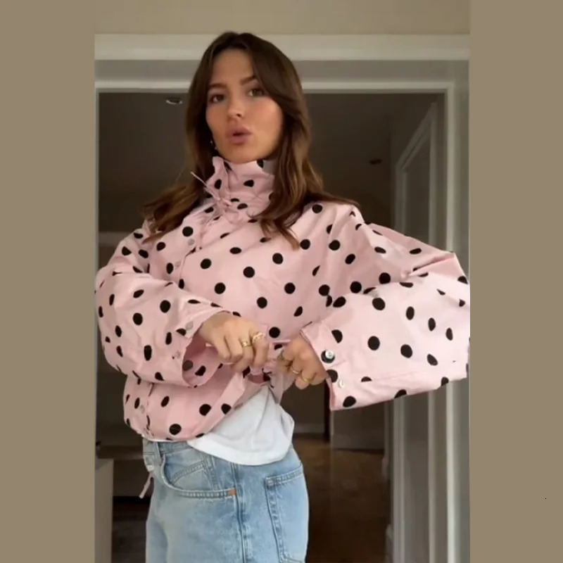 Chic Polka Dot High Neck Short Jacket For Women Long Sleeve Loose Lace Up Coat Commuter Casual Outwears 2026 Lady Streetwear 260326