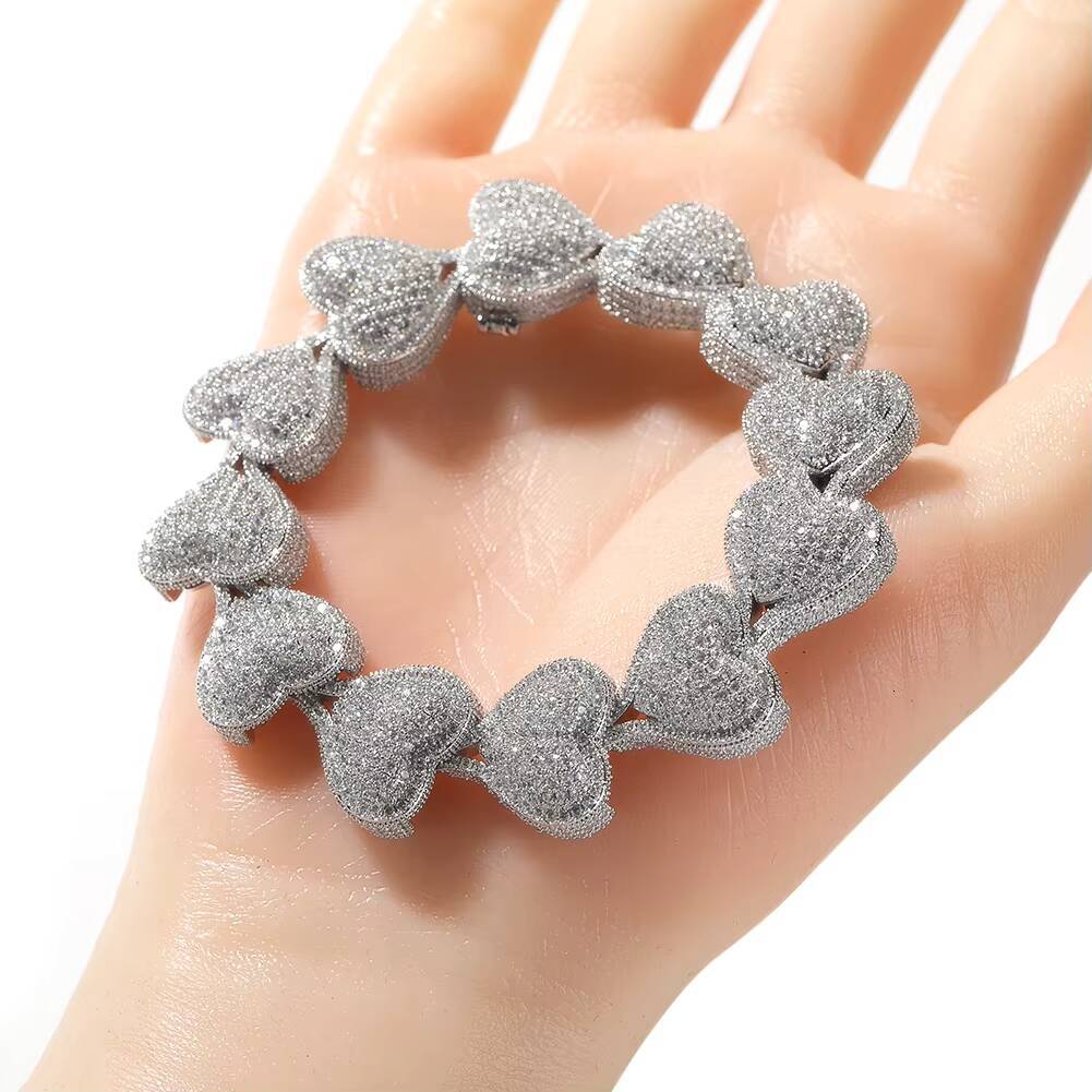 17mm Iced Out Bling Full Heart Bracelet Women Choker Hip Hop Jewelry