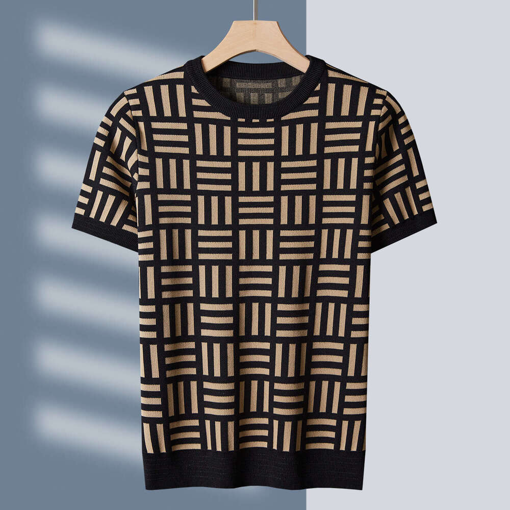 New Autumn And Winter Thickened Short-Sleeve Knit Geometric Jacquard Base Sweater, Round Neck Slim-Fit Men's Sweater