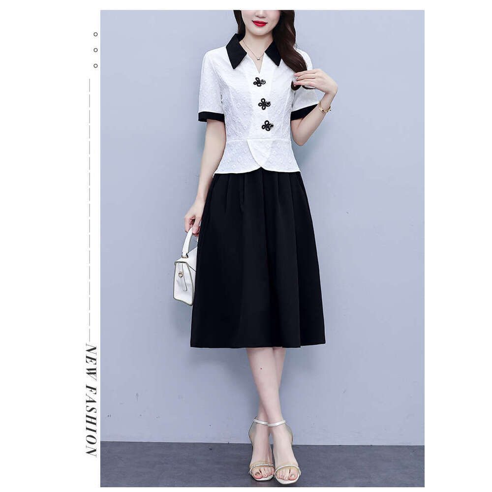 Plus-Size Women's Clothing : Stylish Button-Down Short-Sleeve Top Fashionable Age-Reducing Skirt Set For Middle-Aged Mothers Qipao Hanfu Silk