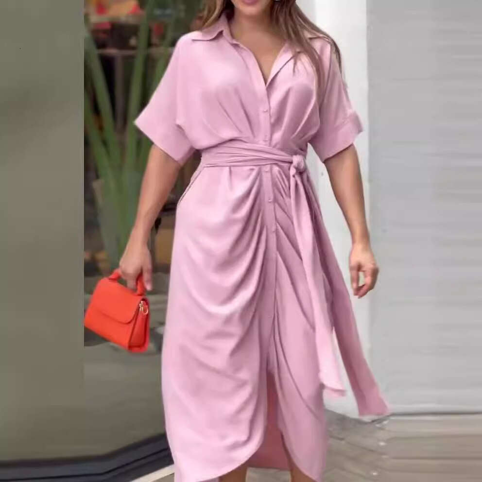 European and American women's fashion cross-border new style 2026 collared mid-length short-sleeve single-breasted high-waisted shirt dress
