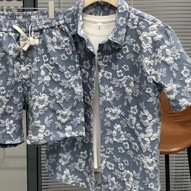 Luxury Brand Designer Clothes Summer New Embossed Casual Set For Men Trendy Cool Quick-Dry Shirt Short Sleeve Shorts Thin Two-Piece Set