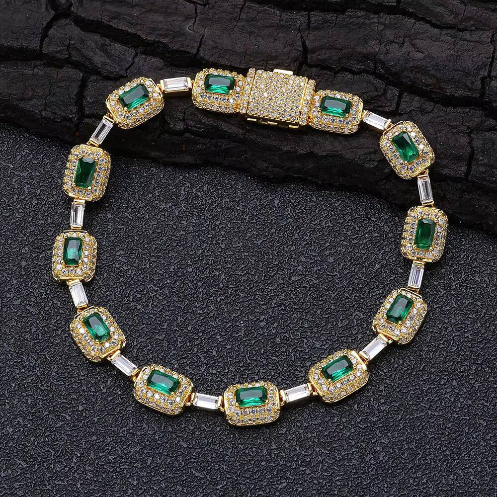 European American High-Grade Emerald Moissanite Bracelet for Women Trendy Hip Hop Color Gem Jewelry Cross-Border Wholesale