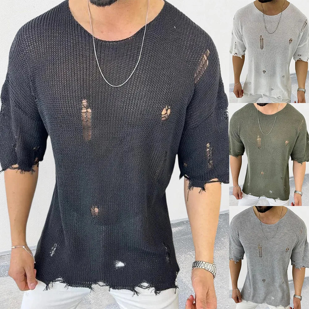 Summer Men Sweater Thin Short Sleeve O-neck Knitted T-shirt Tops Casual Hollow Loose Knit Shirt Pullover Male Streetwear 260327