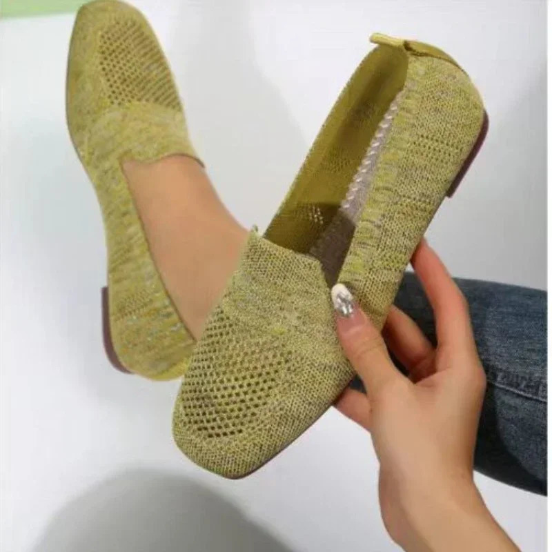 Solid Color Square Toe Mesh Loafers Shallow Women Flats Shoes Soft Bottom Knit Ballet Flats Shoes Casual Slip on Boat Shoes 2024 260323