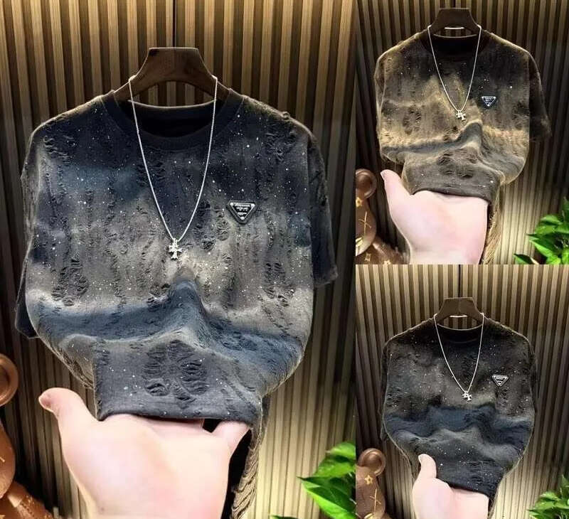 Bling Light Luxury Round Neck Top New Summer Short Sleeve Trendy Versatile Distressed T-Shirt Men's Half-Sleeve T-Shirt Luanyun