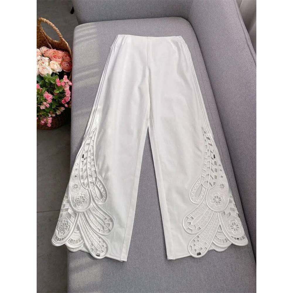 White Set Female Fashionable Hollow Embroidered Top+Fashion Wide Leg Pants Summer Mdng260330