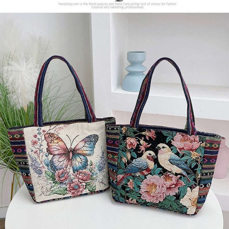 New Cartoon Embroidered Woven Jacquard Canvas Handbag, Large Capacity Cute Shoulder Tote Bag For Students Practical Package