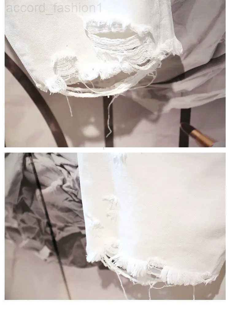 2022 Summer Fashion Cropped Mens Tattered Ripped Shorts Loose Straight Casual White Denim Pants Streetwear Men Boyfriend Jeans H260330