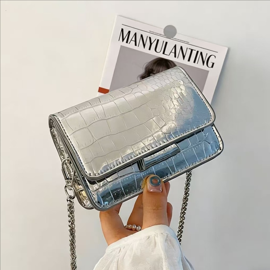 Free Shipping High Value Metallic Crocodile Crossbody Bag for Women Shiny Mini Chain Purse