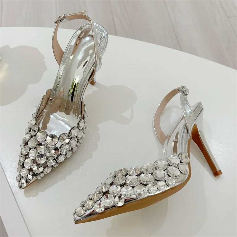 Aneikeh Fashion Stiletto Pumps Summer Silvery Rhinestone Hollow Strap High-heeled Sandals Women Wedding Banquet Shoes Z260330