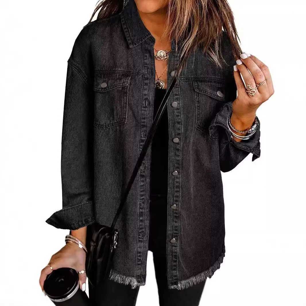 New Washed Denim Shirt Jacket for Women Fall/Winter Street Style with Distressed Hem Womens OuterwearT260328