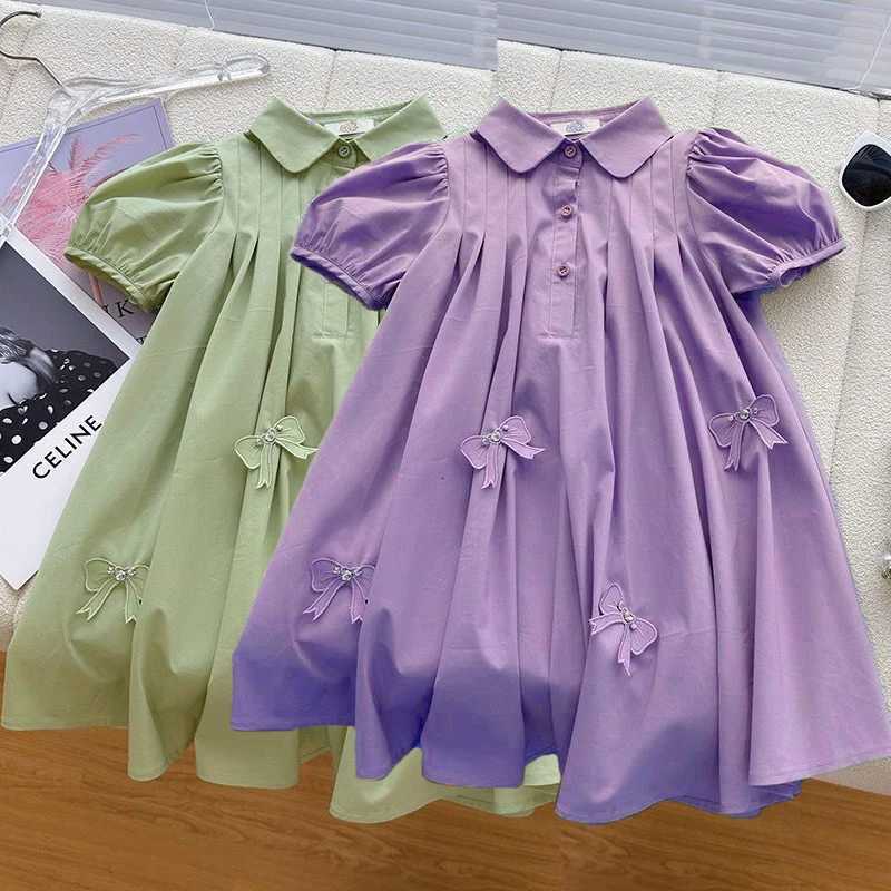 Big Size Summer Bow Decoration Teen-agers Girls Dress Small Lapel Design Casual Comfortable Princess Dress For 3-14 Years KidsT260330