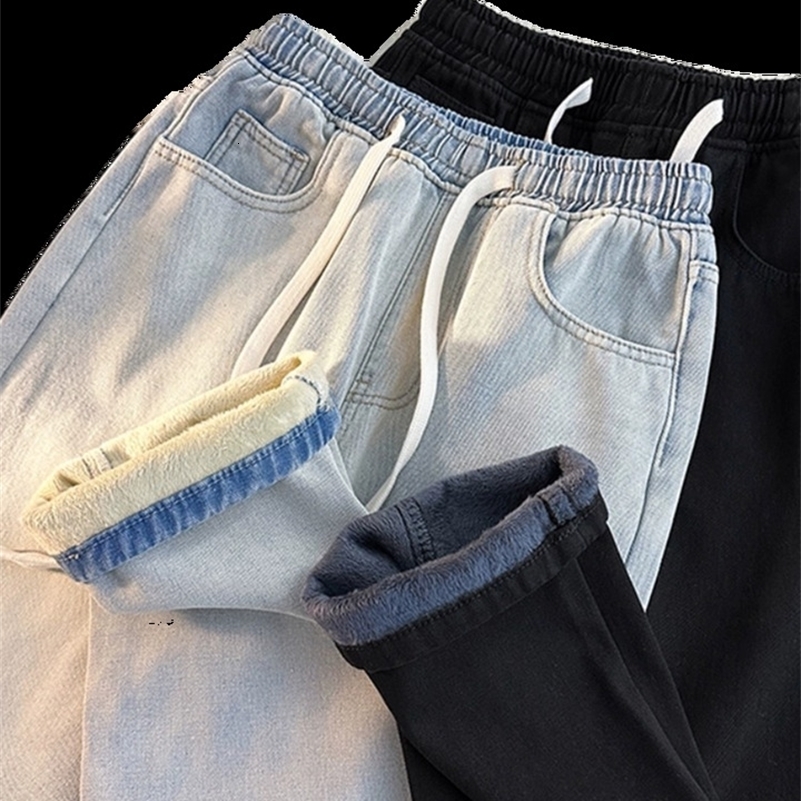 Thiened Fce Lined Elastic Waist Straight Leg Mens Jeans Winter Warm Casual Trousers Low Waist Long Pants Youth Faion 260327