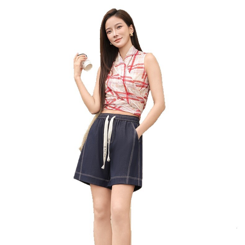 Shorts for women, summer drawstring elastic waist, loose wide-leg, plus-size A-line denim versatile hot pants