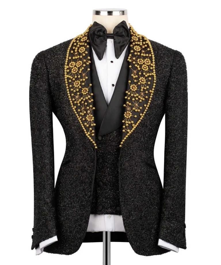 Gold Pearls Black Glitter Groom Wedding Tuxedo Tailored Made 3pcs Blazer Vest Pants Formal Male Prom Party Suit Business