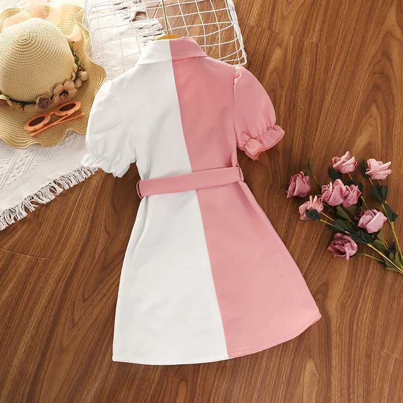 Kids Dress For Girls 4-7 Years Girls Patchwork Shirt Puff Sleeves Dress With Belt Stylish Temperament Baby Girl DressT260330