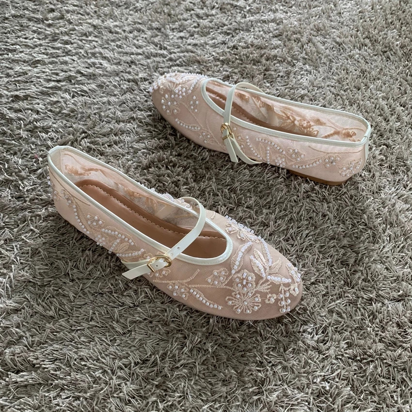 Mesh Embroidery String Bead Design Women Ballet Flats Fashion Buckle Breathable Mary Jane Shoe Comfort Low Heel Soft Flat Sandal 260323