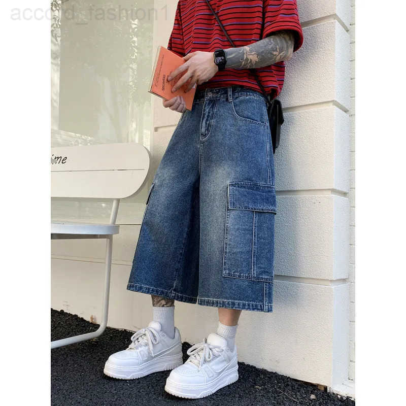 New Mens Cargo Shorts Summer Breathable Cotton Blend Casual Denim 7-Point trousers Minimalist Streetwear Urban Fashion Trousers H260330